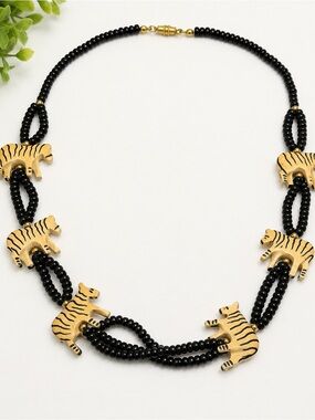 Carved Wood Zebra Necklace 31” Black Beaded Safari African Folk Art Statement